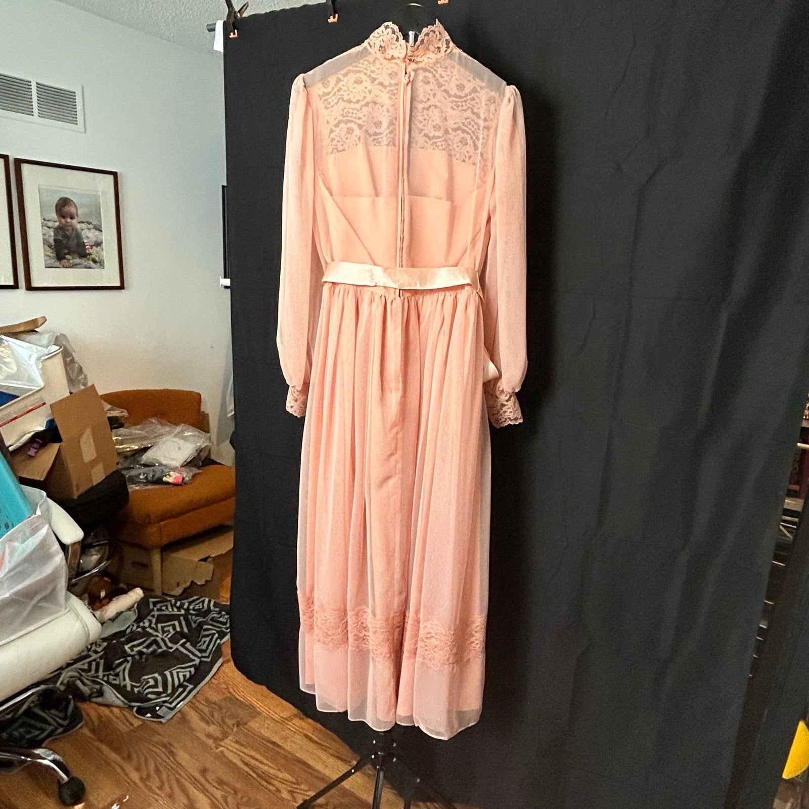 VTG 70s Handmade Peach Lace Maxi Dress Sheer Bishop Sleeve Boho Prairie XS