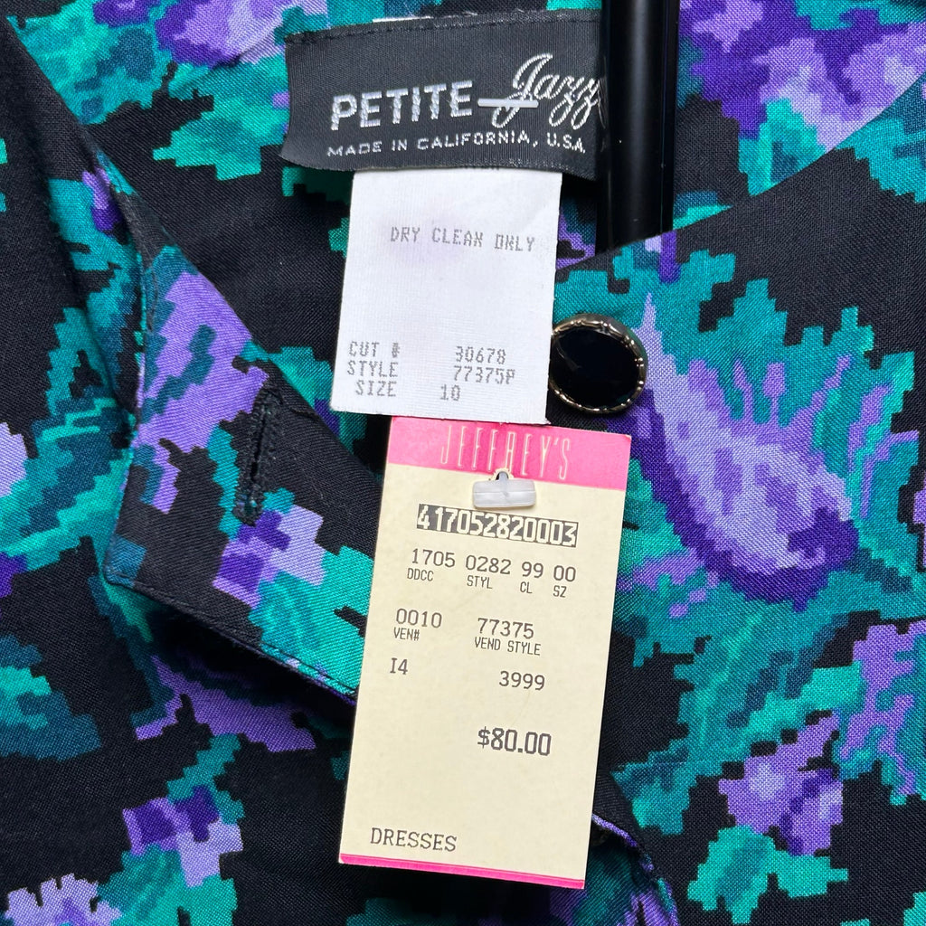 NWT VTG 90s Petite Jazz Rayon Dress Digital Pixel Floral Made in USA Size 10 Deadstock