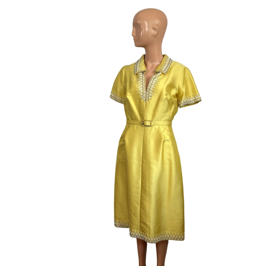 VTG 60s Sir Norman Hartnell S Yellow Beaded Wool Silk Couture Regency Midi Dress