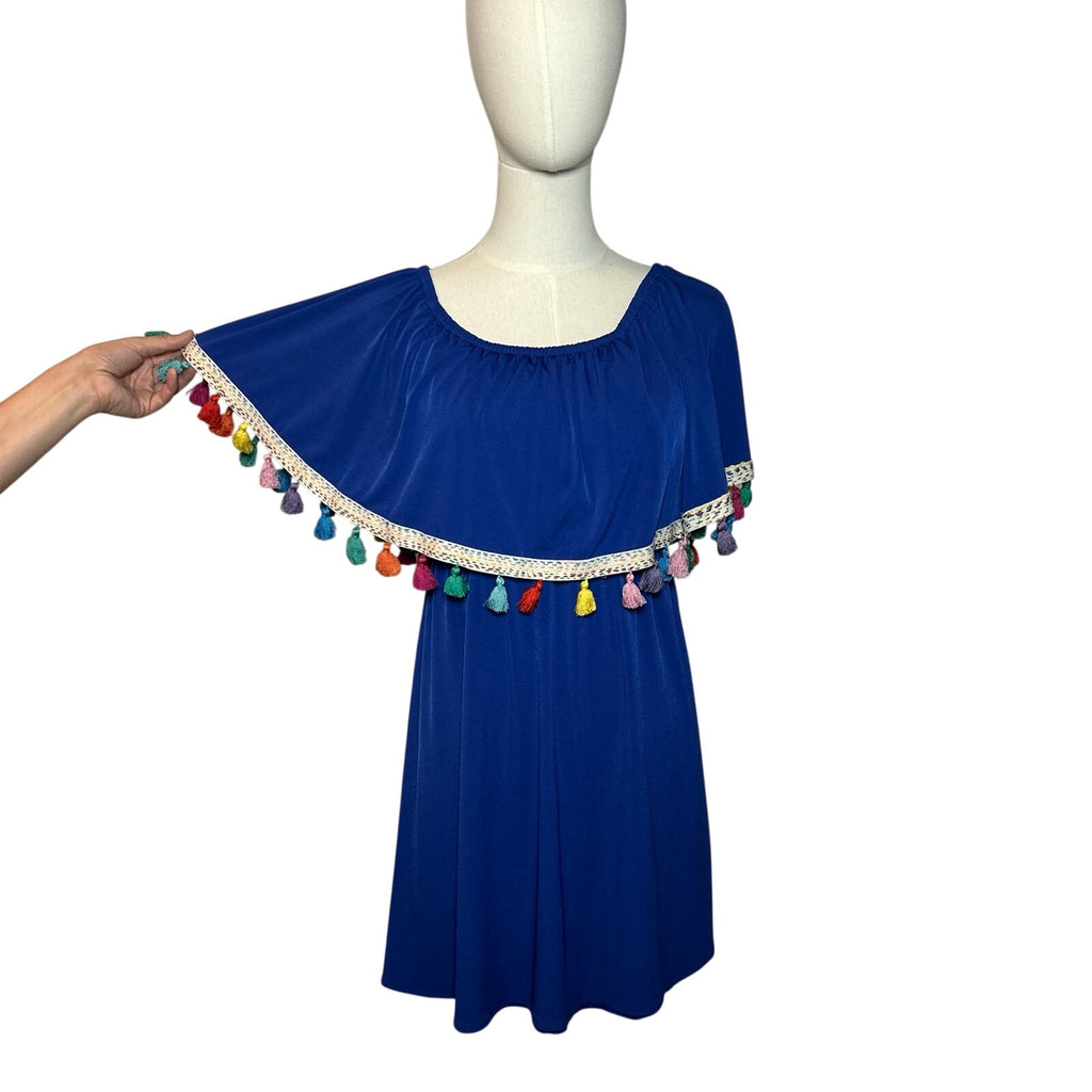 Judith March Blue Off Shoulder Resort Cover Up Mini Dress S Coquette Y2K Retro