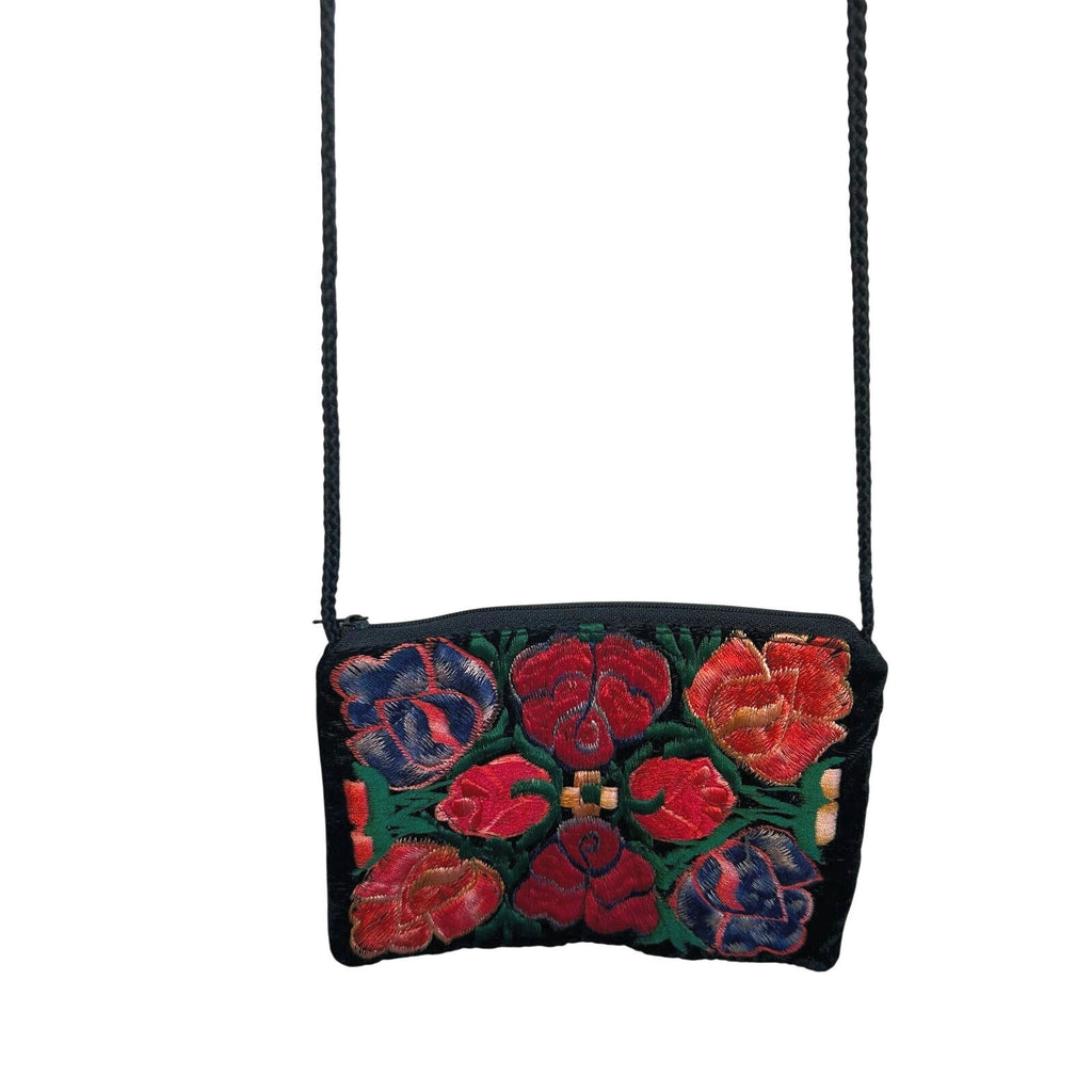 VTG Floral Embroidered Black Velvet Mini Crossbody Bag Boho Whimsigoth
