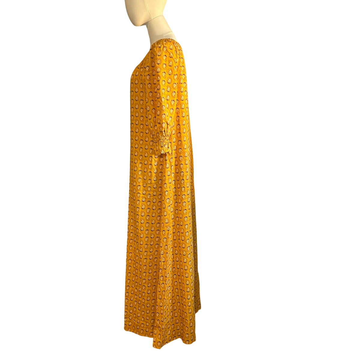 VTG 70s Yellow Maxi Paisley Dress L Cottage Boho Handmade Peasant Prairie Retro