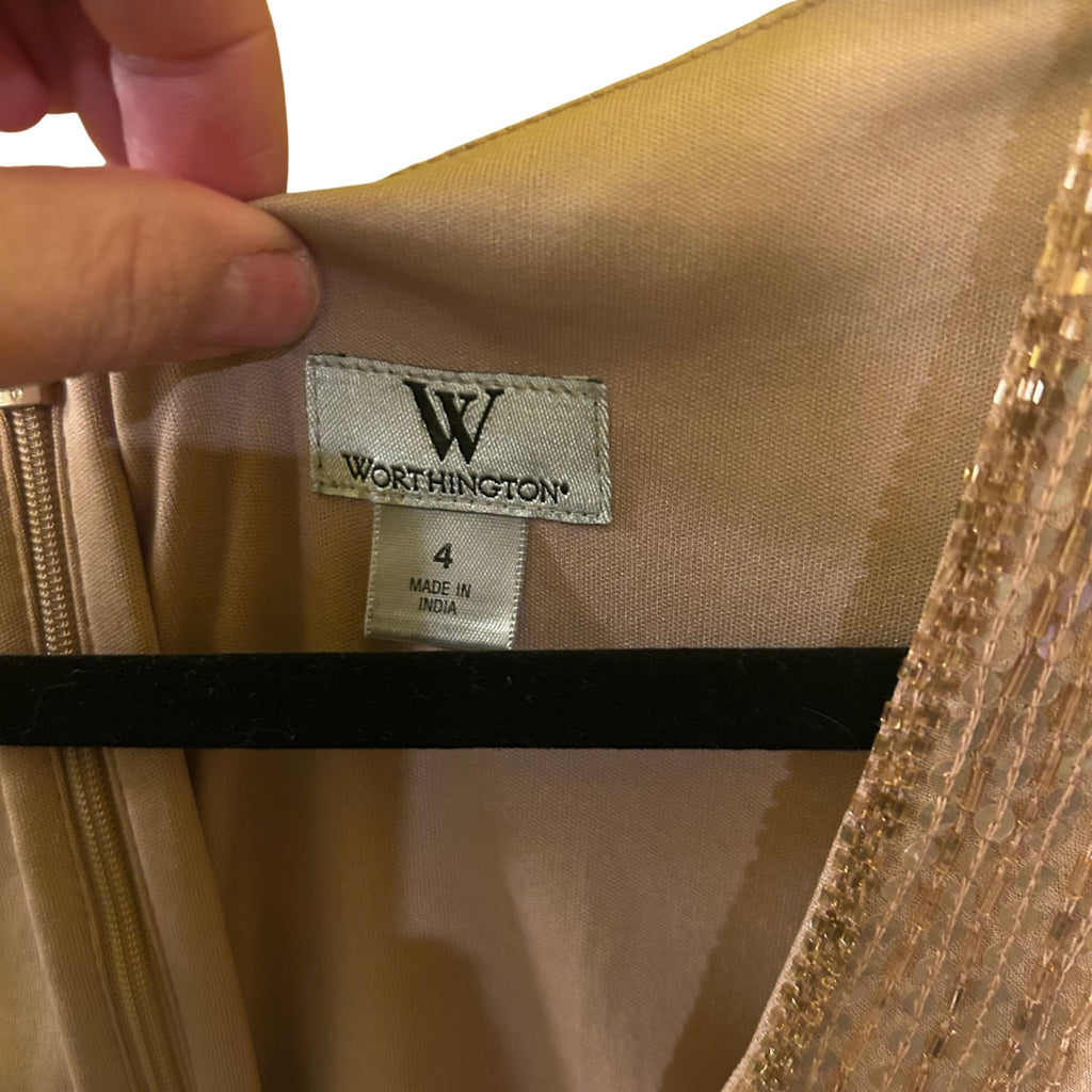 VTG Worthington Tan Beaded Sequin Chiffon Mini Dress 4 Art Deco Whimsigoth Party