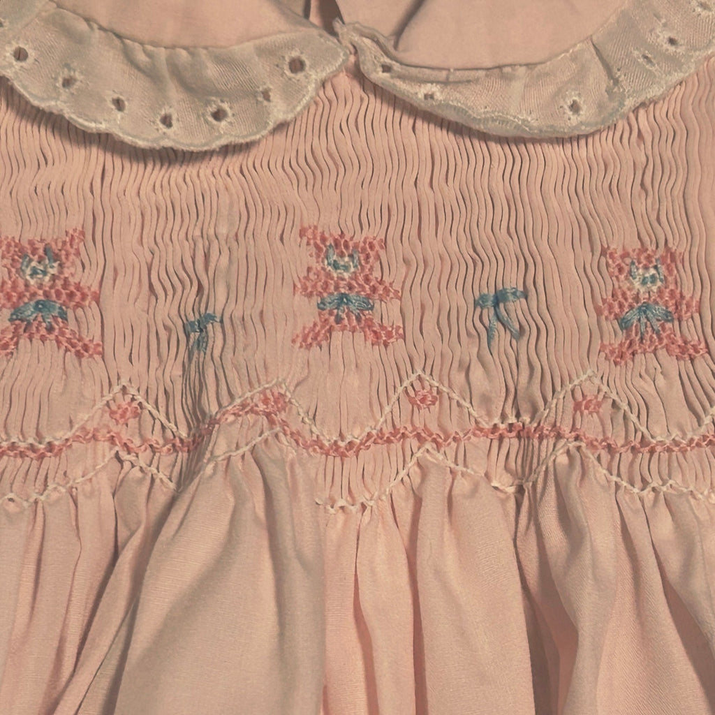 VTG 70s Baby Girl Pink Smocked Romper Teddy Bear Puff Sleeve Cottage Coquette