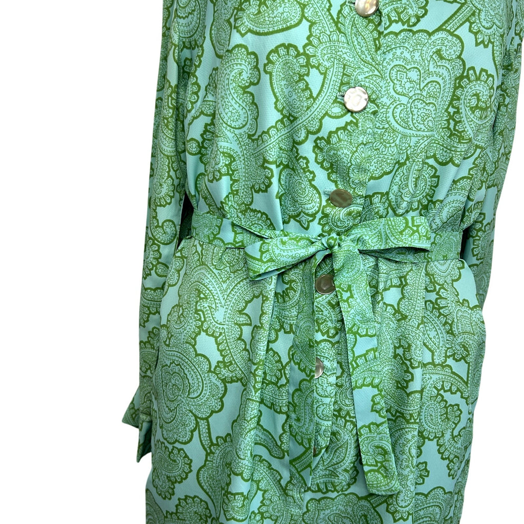 VTG 60s Kay Windsor Midi Dress Teal Paisley Retro Mod Secretary Union Made
