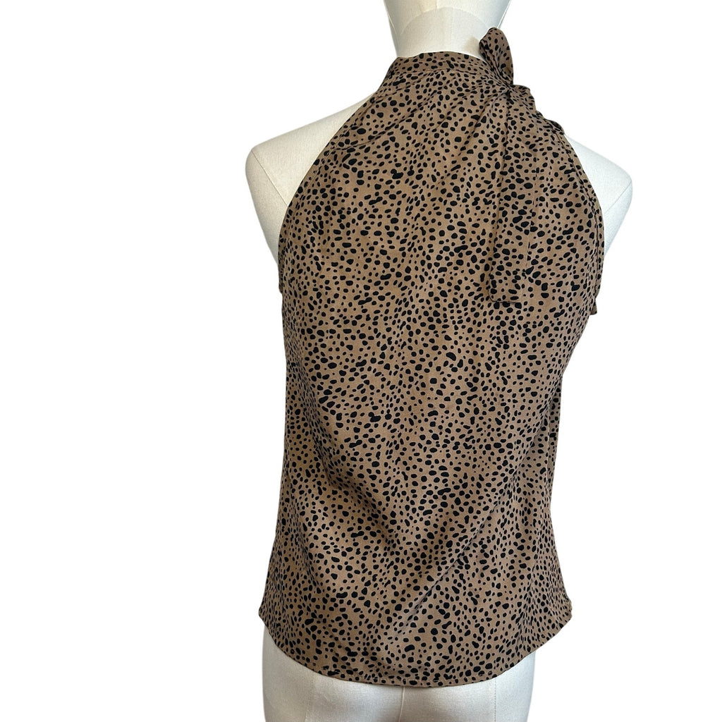 Brown Leopard Print S Top Pussy Bow Halter Neckline Y2K Boho Preppy Office Siren