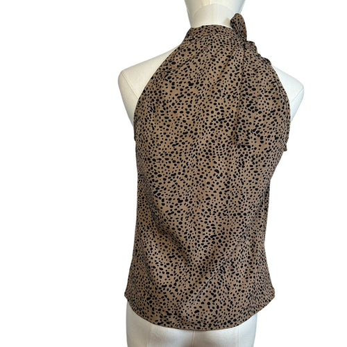 Brown Leopard Print S Top Pussy Bow Halter Neckline Y2K Boho Preppy Office Siren