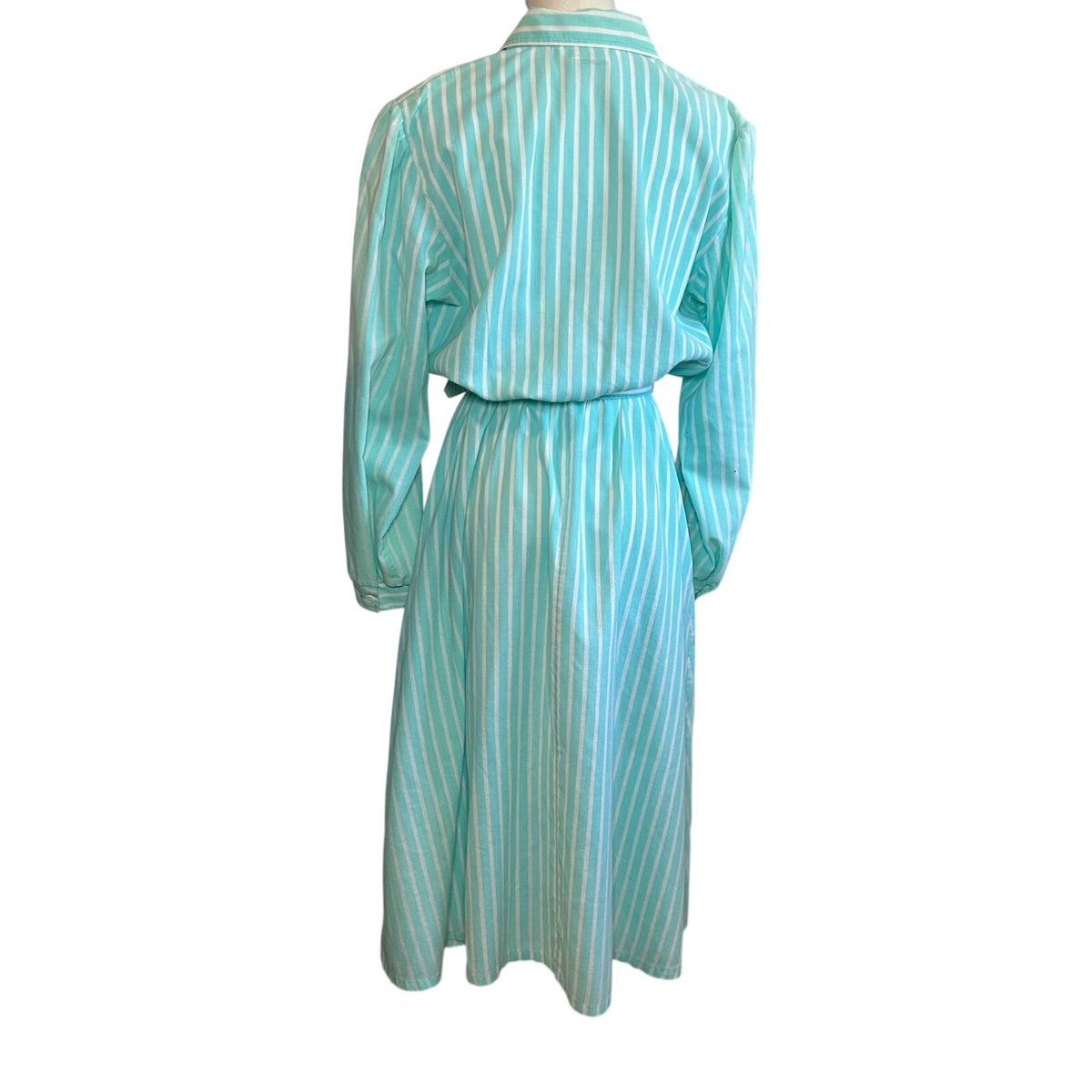 VTG 80s Carriage Court Teal Striped Belted Midi Dress M Retro Preppy Cottage