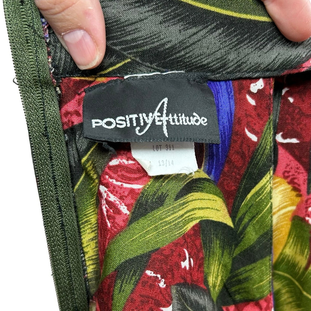 VTG 90s Positive Attitude Tropical Hibiscus Rayon Midi Dress Pockets Size 14
