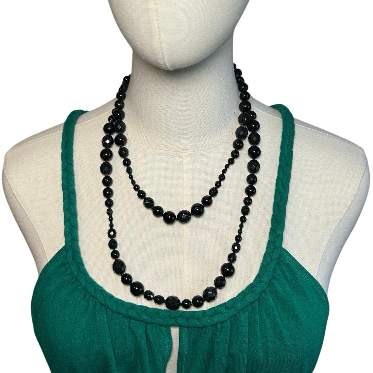 VTG Y2K Double Strand Black Bead Adjustable Choker Goth Office Siren Luxe Gatsby