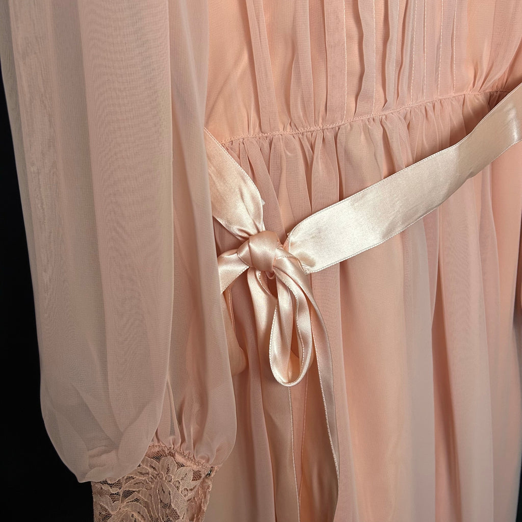 VTG 70s Handmade Peach Lace Maxi Dress Sheer Bishop Sleeve Boho Prairie XS