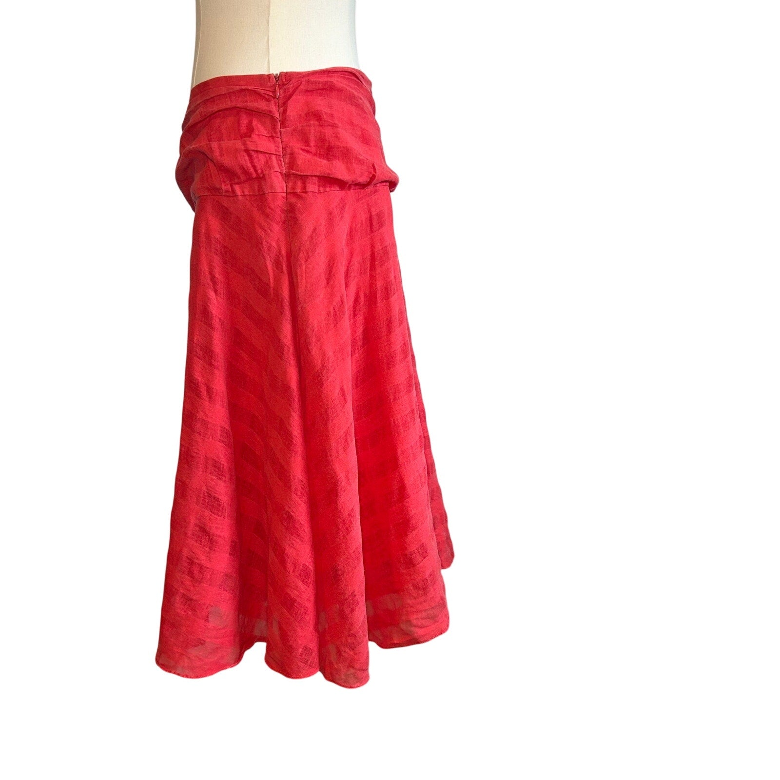 VTG Y2K Elegance Red Ruched A-Line Midi M Skirt Minimalist Casual Preppy Retro