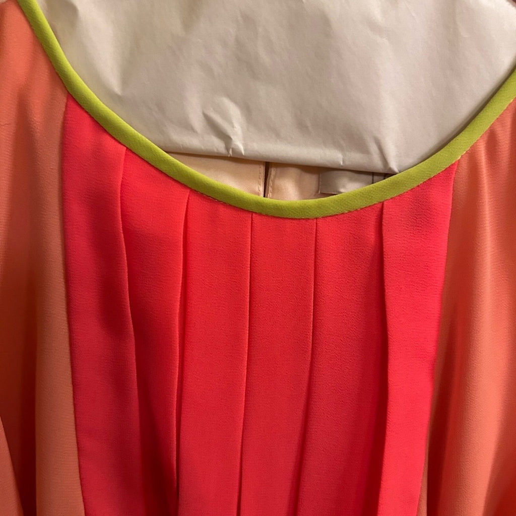 LOFT Colorblock Pleated Midi Dress Pink Coral Neon Green Belt 6 Preppy Retro