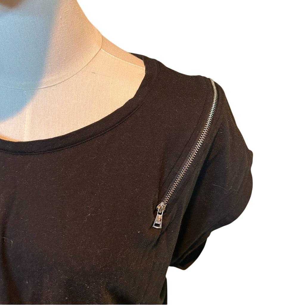 DKNY Black Mini Dress Zipper Shoulder Accents Elastic Waistband Edgy Punk XL