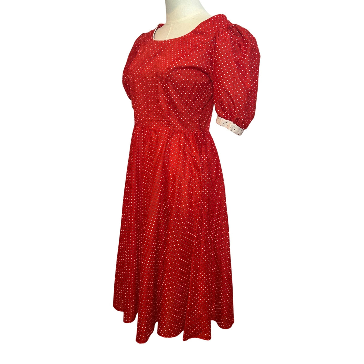 VTG 80s Red White Polka Dot Puff Sleeve Midi Dress