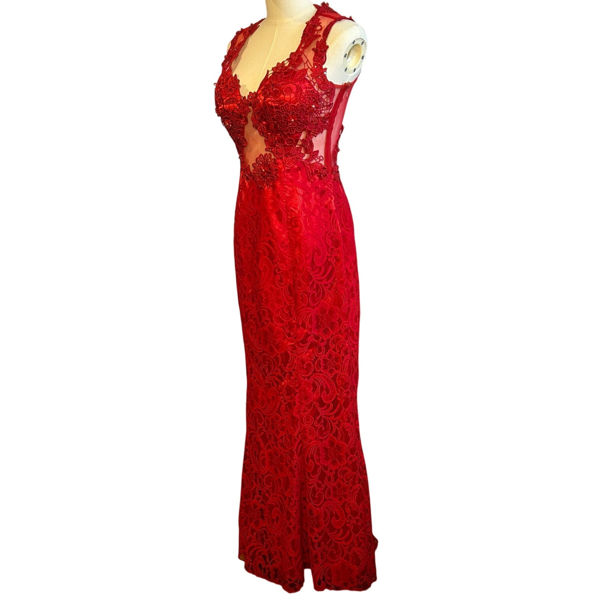 Swing Red Floral Guipure Lace Illusion Gown Size 6 Beaded Prom Gala Dress Wear