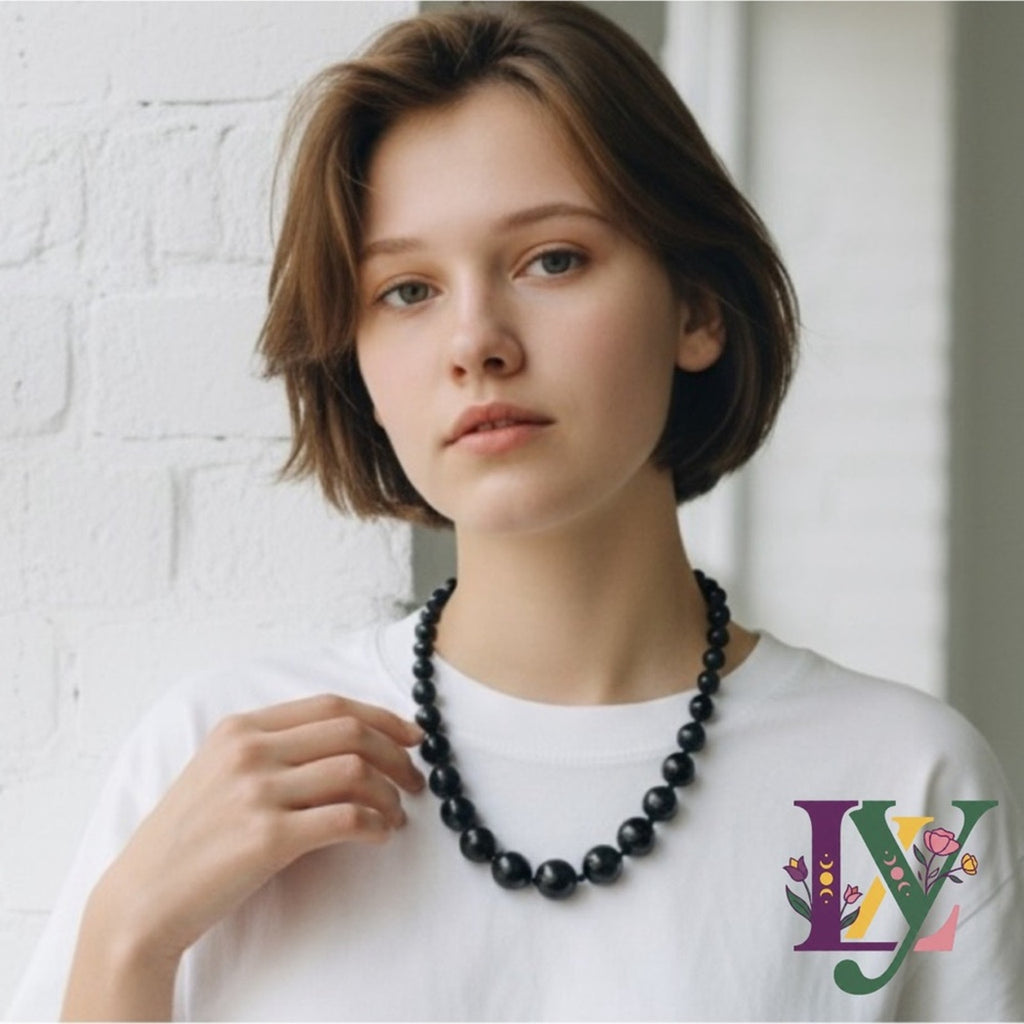 VTG Y2K Black Graduated Bead Necklace Adjustable Whimsygoth Grunge Goth Siren