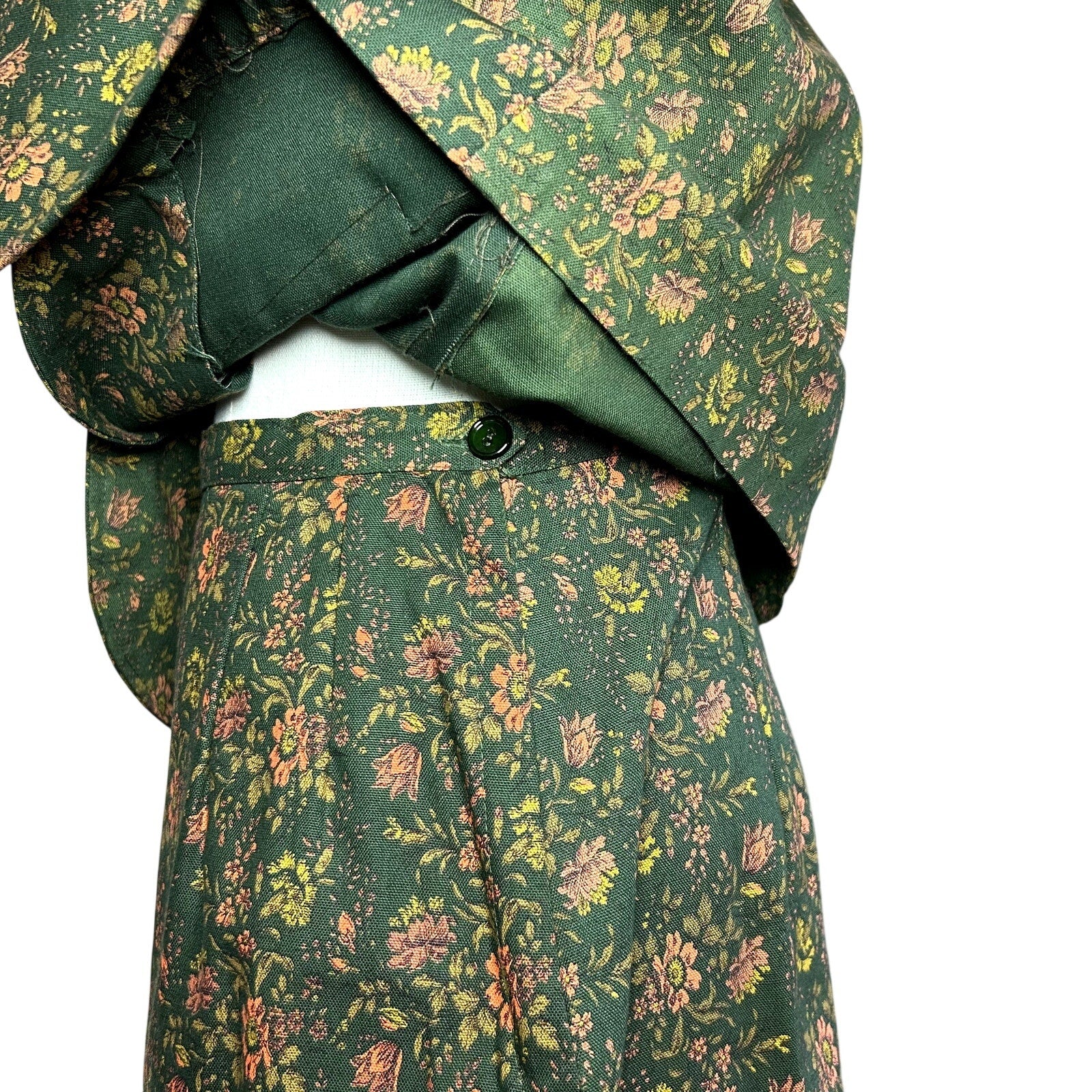 VTG 50s Green Heavy Cotton Skirt Suit Blazer Two Piece Set Twee Retro Preppy