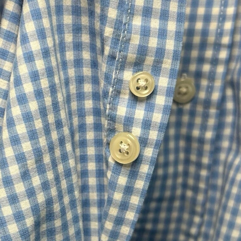 VTG Y2K Arrow Light Blue Gingham Plaid Short Sleeve Button Down Shirt Basics