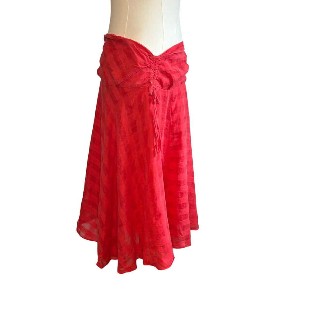 VTG Y2K Elegance Red Ruched A-Line Midi M Skirt Minimalist Casual Preppy Retro