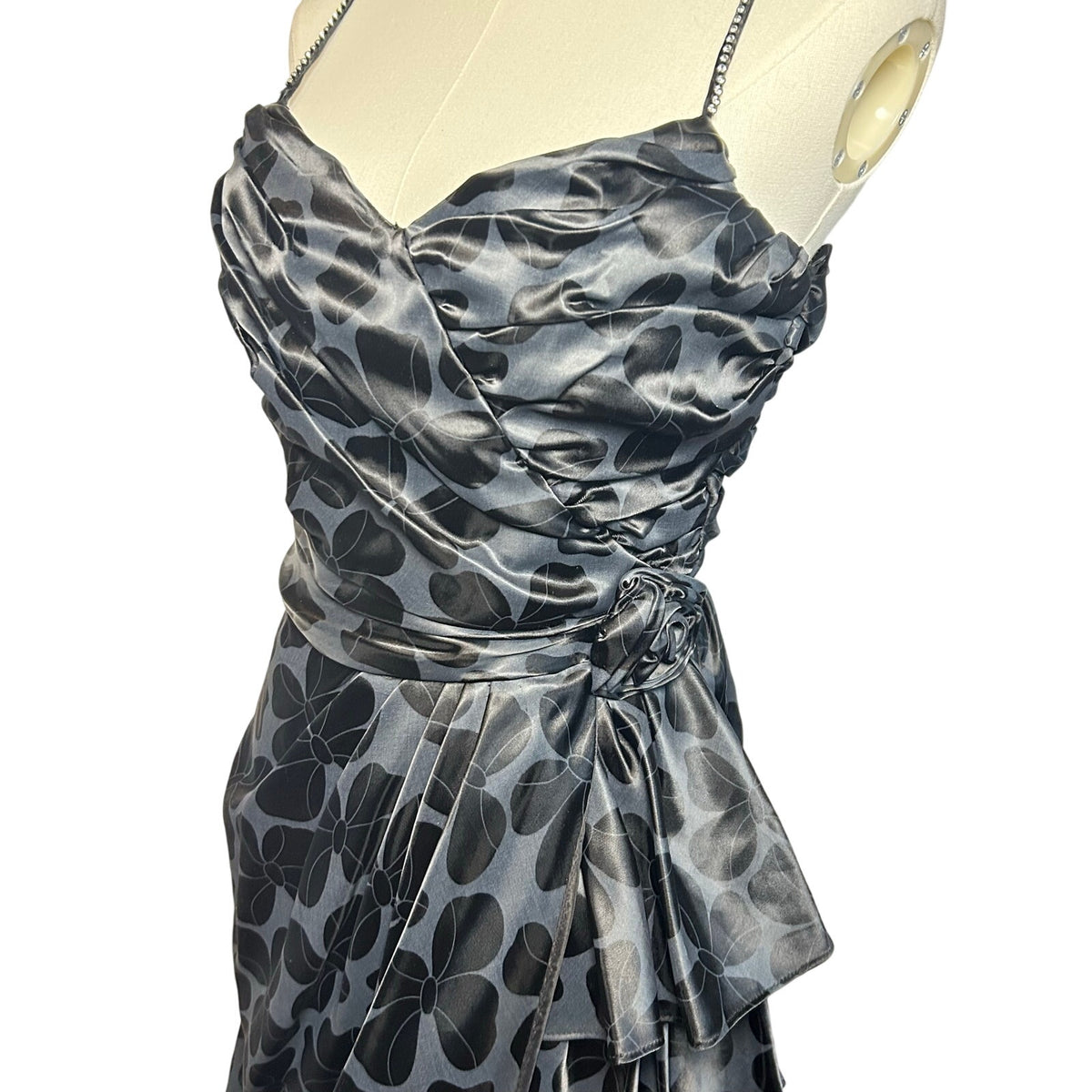 VTG 80s Black Floral Jacquard Prom Gown 2 Romantic Feminine Goth Glam Coquette