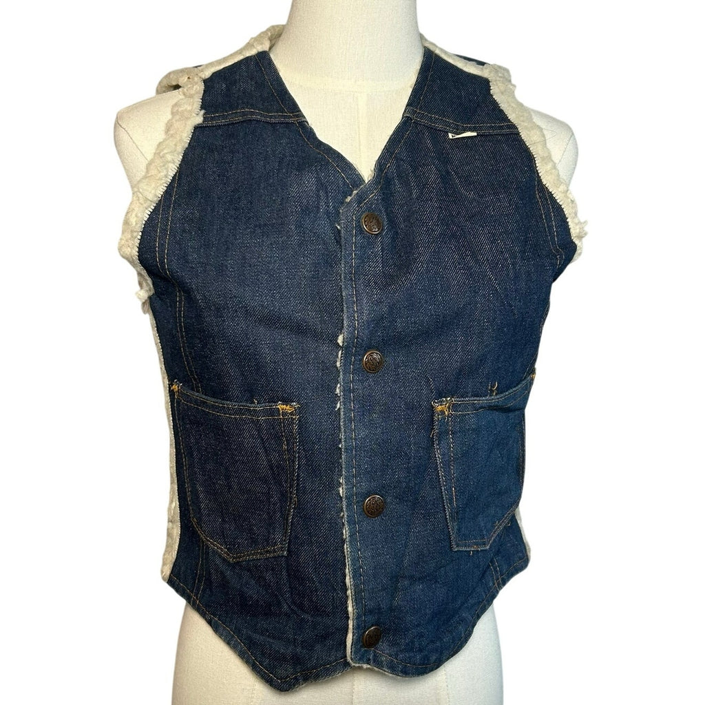 VTG 70s Nelson Denim Sherpa Vest Western Ranchcore Medium Workwear Biker Retro