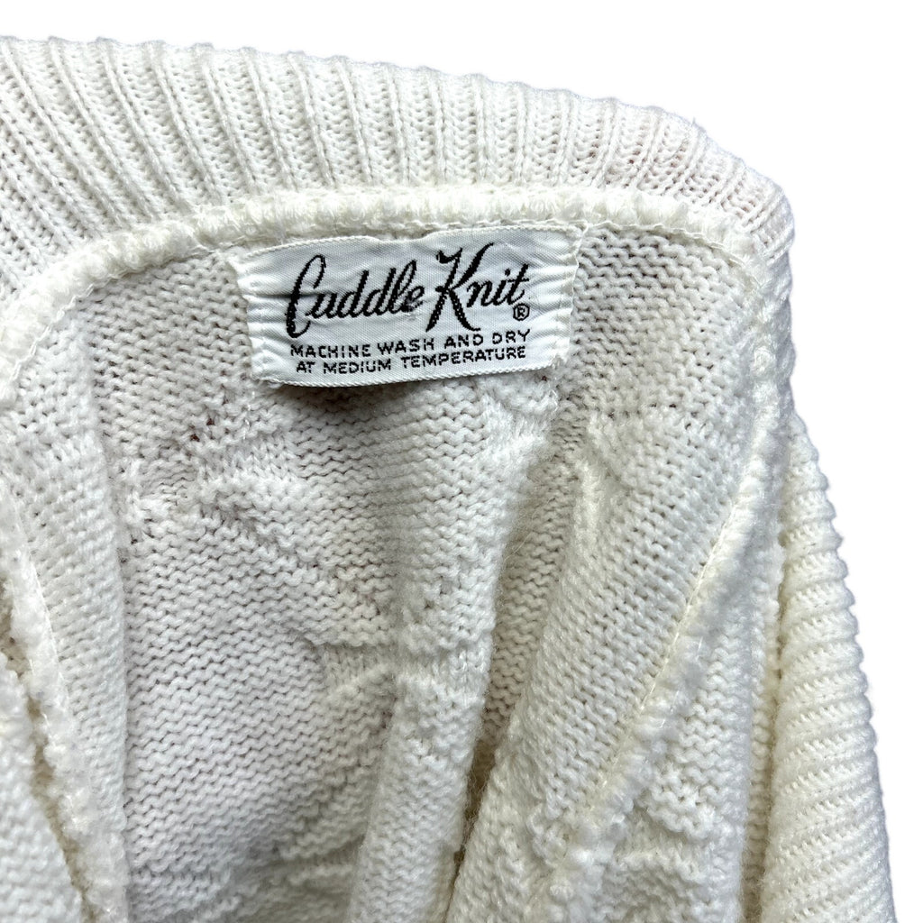VTG 70s Cuddle Knit OS White Button Front Fringe Knit Poncho Cape Sweater Twee