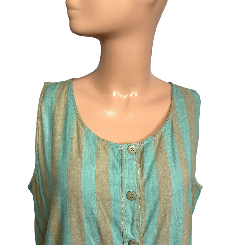 Phool Blue Tan Striped Buttons Pleated Cotton M Midi Dress Coastal Prairie Boho