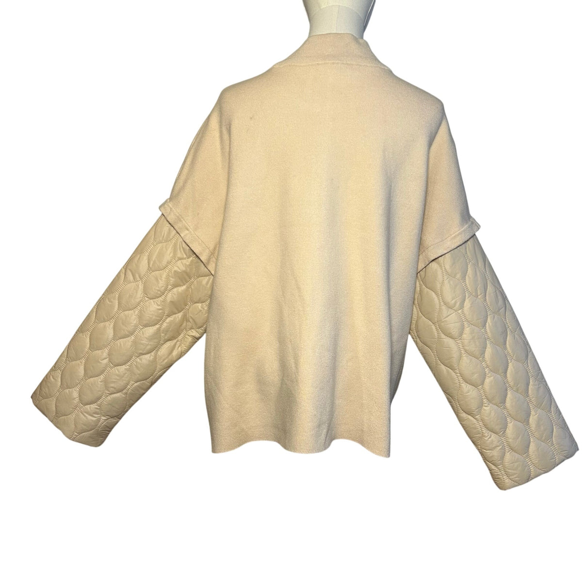 Vince Camuto Cozy Season Mixed Media Cardigan Jacket Quilted Sleeves Stone L NWT