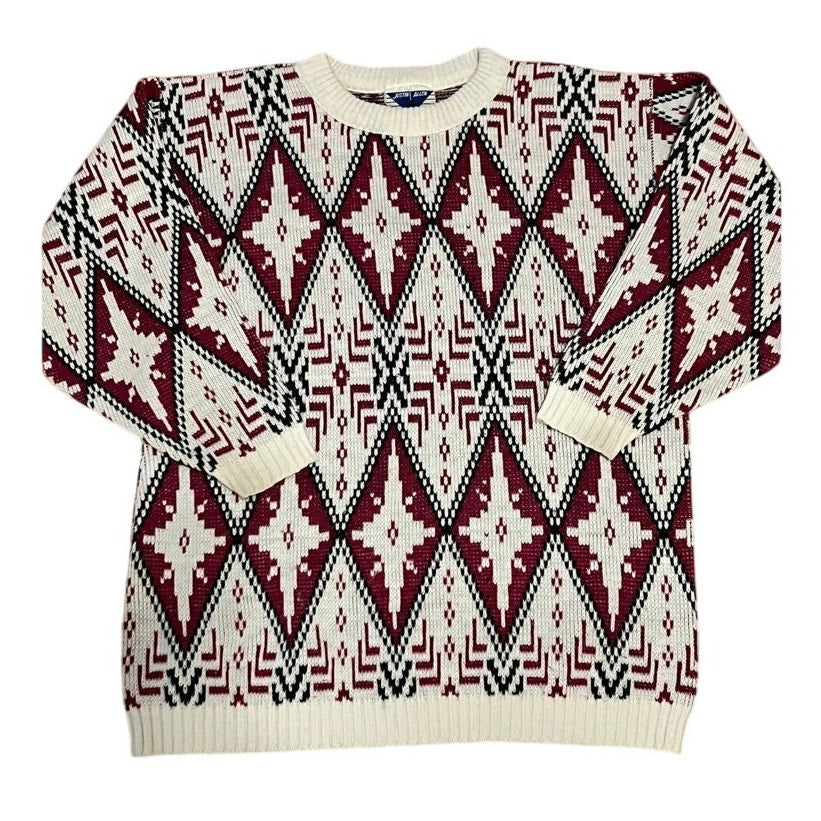 VTG 80s Justin Allen Geometric Diamond Sweater Made in USA Magenta White L
