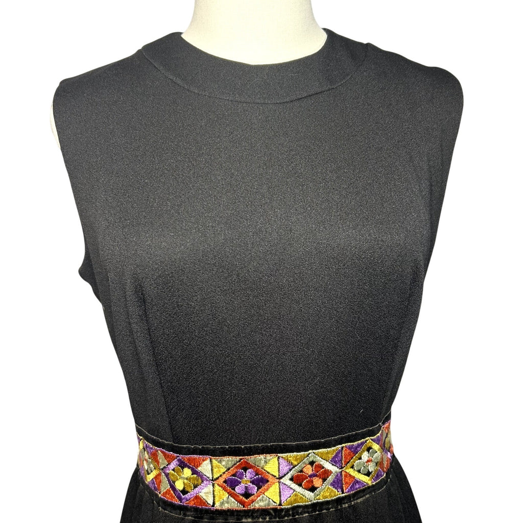 VTG 70s Black Folk Maxi Dress Embroidered Velvet Trim Ruffle Boho Hostess Small