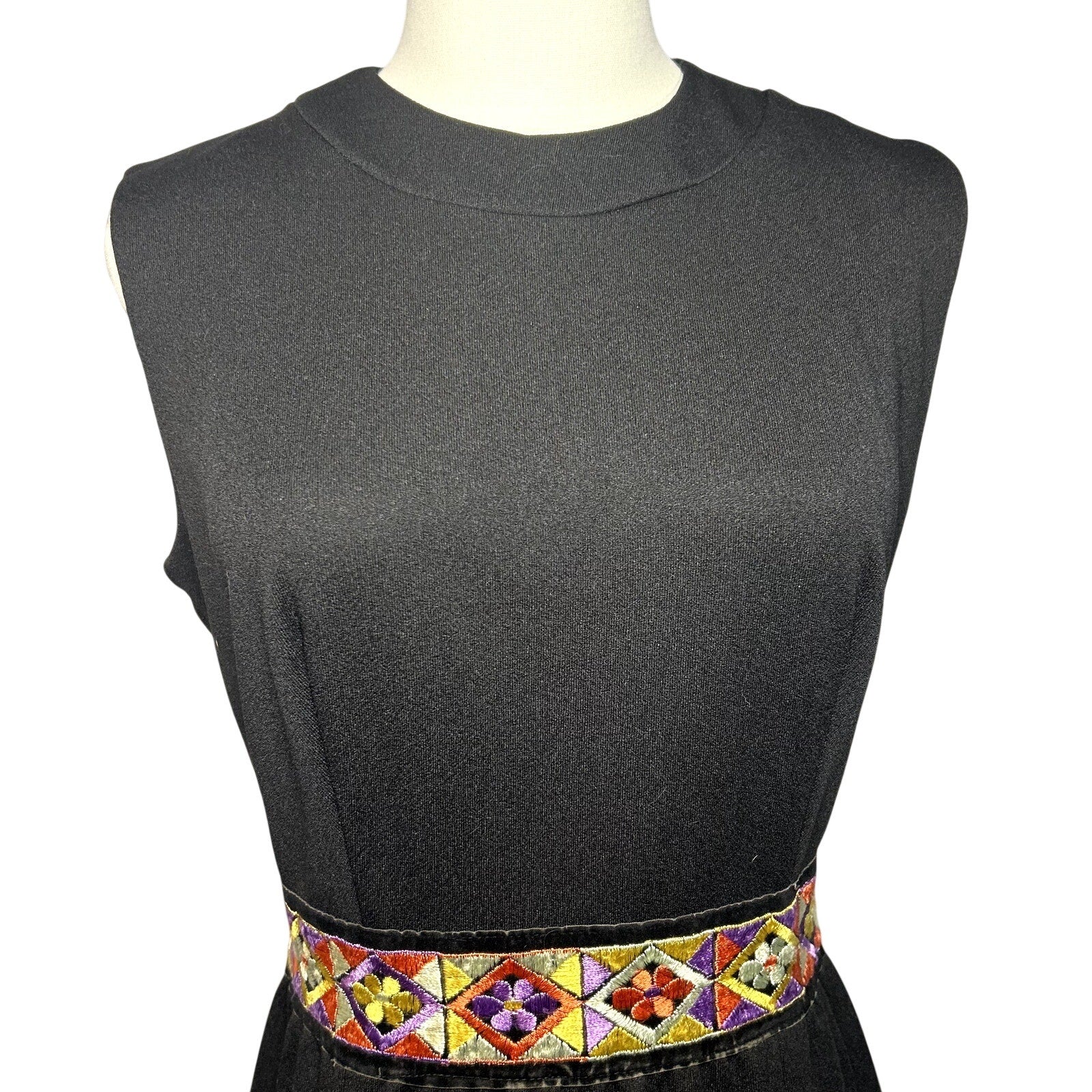 VTG 70s Black Folk Maxi Dress Embroidered Velvet Trim Ruffle Boho Hostess Small