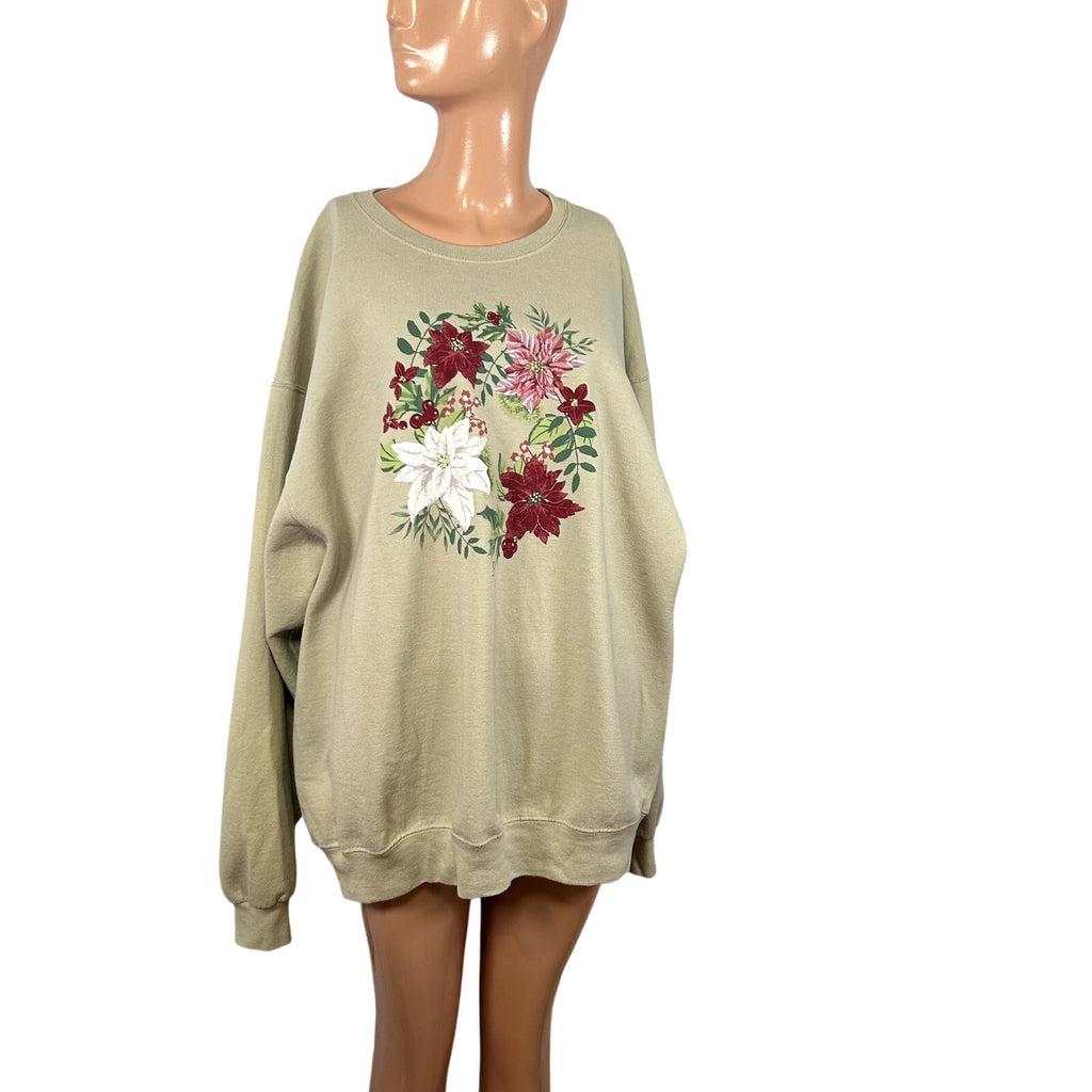 VTG 90s Jerzees XL Tan Christmas Poinsettia Fleece Sweatshirt Grandma Holiday