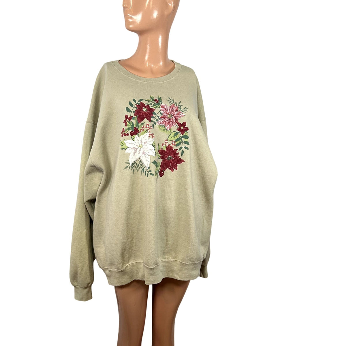 VTG 90s Jerzees XL Tan Christmas Poinsettia Fleece Sweatshirt Grandma Holiday