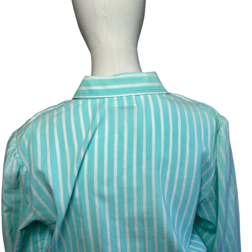 VTG 80s Carriage Court Teal Striped Belted Midi Dress M Retro Preppy Cottage