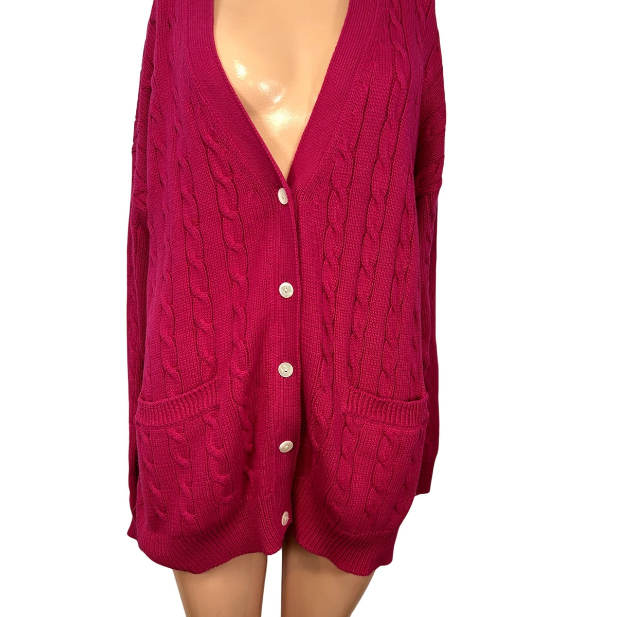 VTG 90s Talbots M Pink Cable Knit Barbiecore Cardigan Sweater Preppy Retro
