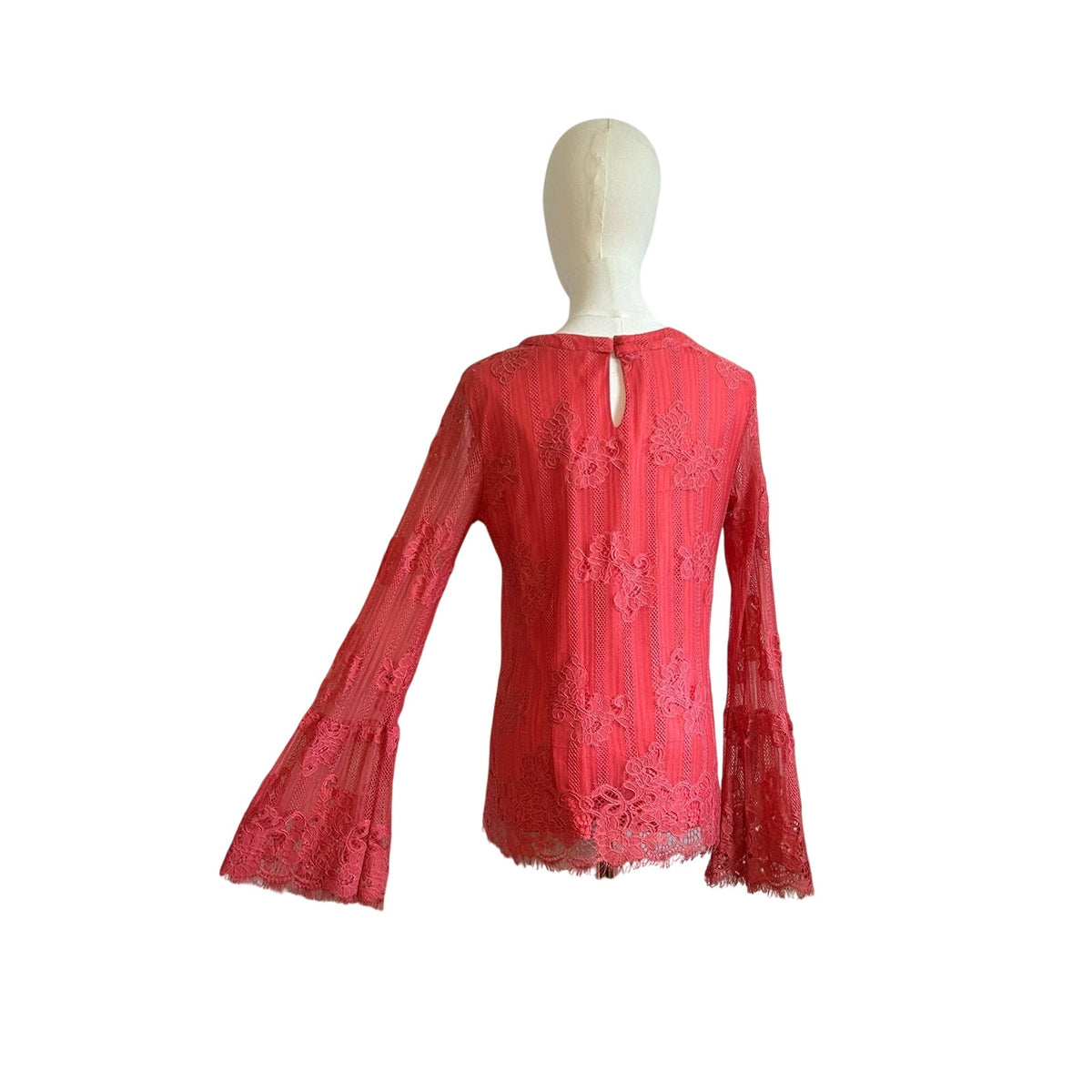 Ultra Pink Floral Lace Top Sheer Bell Sleeves M Coquette Fairy Gypsy Feminine