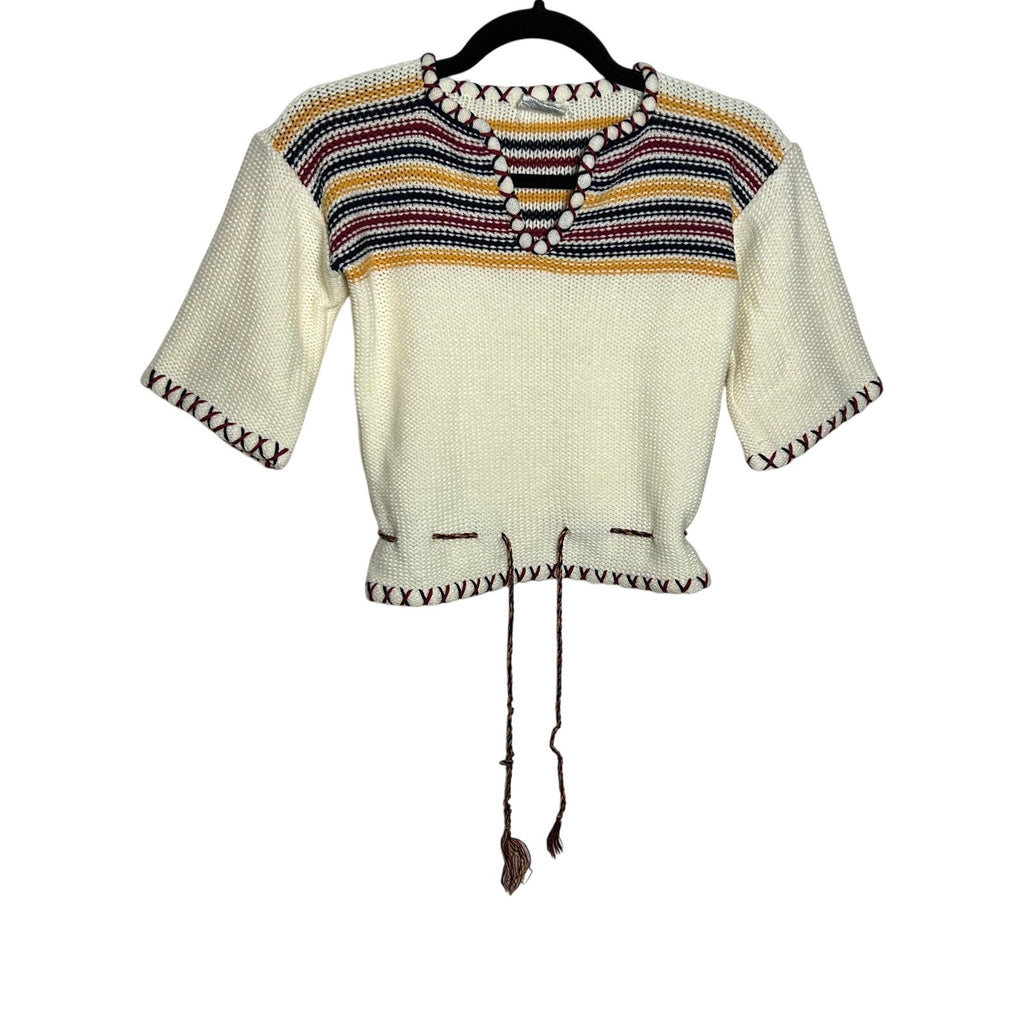 VTG F.A.I. Ivory Knit Striped Drawstring Sweater Boho Whimsygoth S Retro Preppy