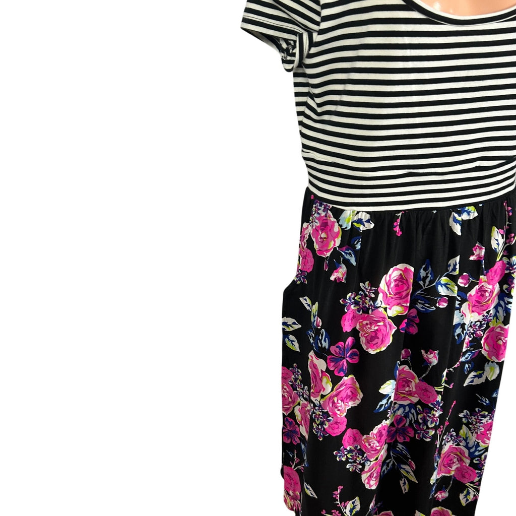 Torrid Plus 0 Black Spring Striped Floral Midi Dress Pockets Casual Teacher Work