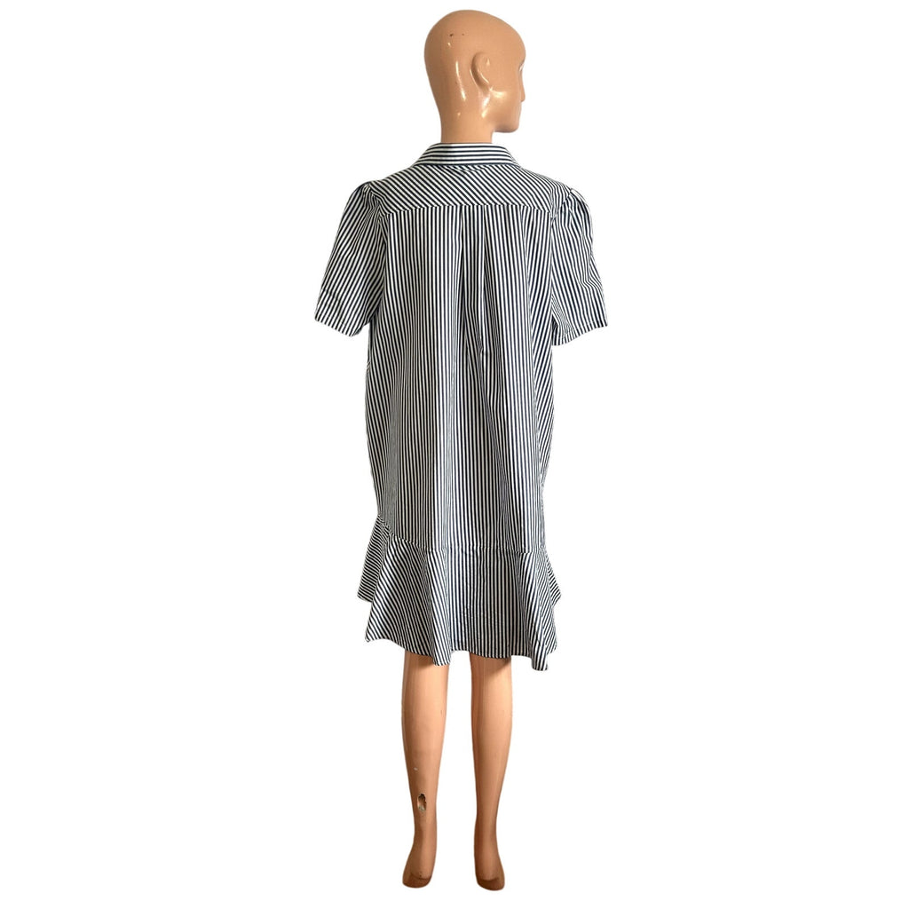 Tommy Hilfiger Blue White Striped Ruffle 14 Shirt Dress Cotton Coastal Preppy