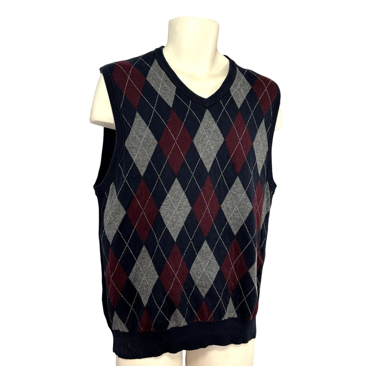Chaps L Blue Argyle Cotton Knit V-Neck Sweater Vest Preppy Dark Academia