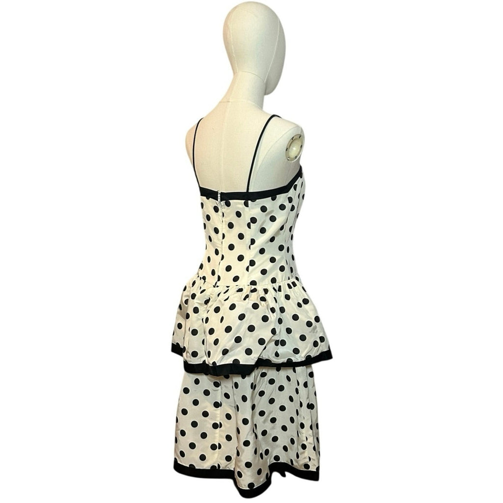 VTG 80s Stop Staring! Polka Dot B&W Medium Tiered Drop Waist Dress Rockabilly