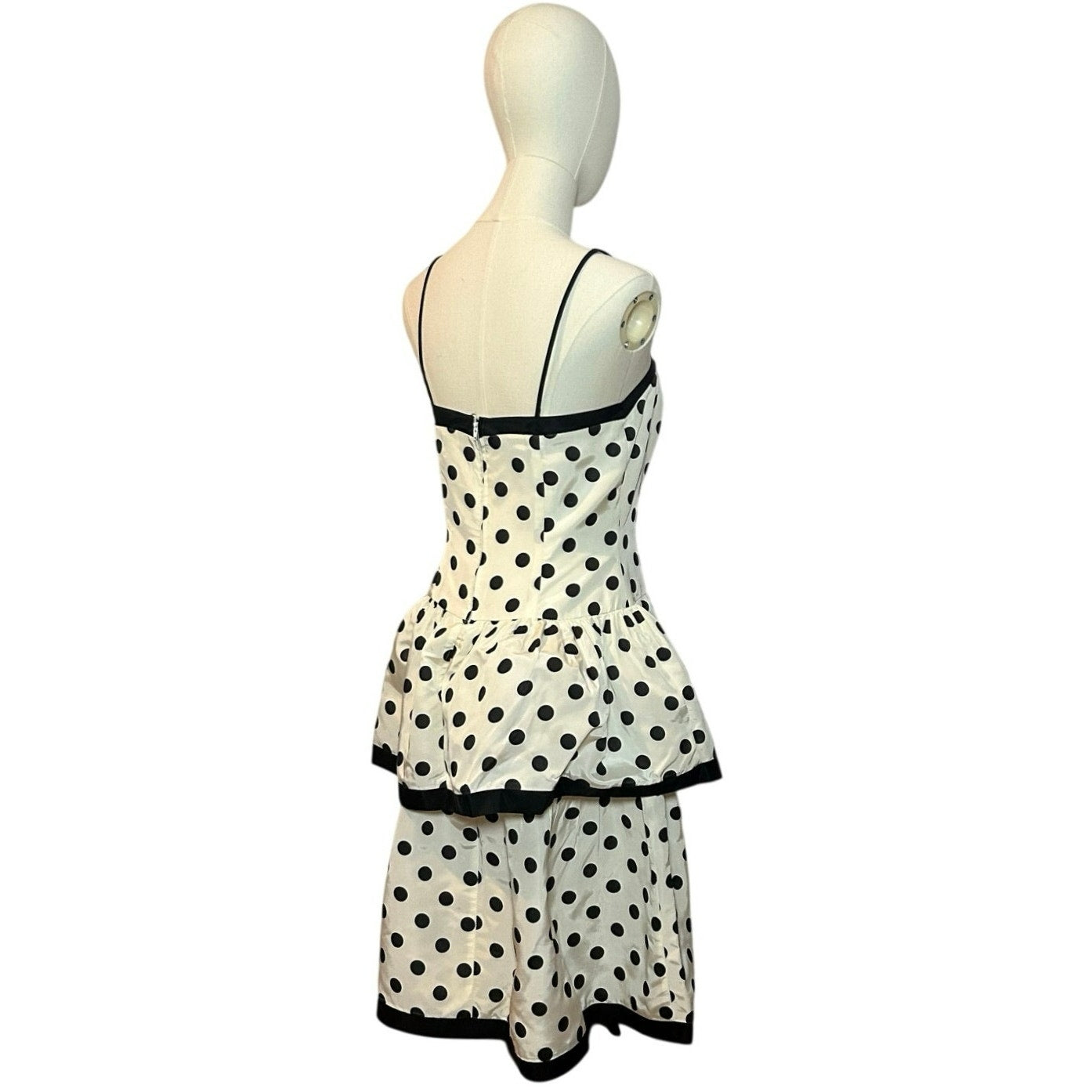 VTG 80s Stop Staring! Polka Dot B&W Medium Tiered Drop Waist Dress Rockabilly