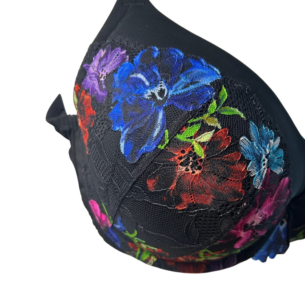Torrid Curve Black Floral Mesh 360 Back Smoothing Push-Up Plunge Bra 44D Goth