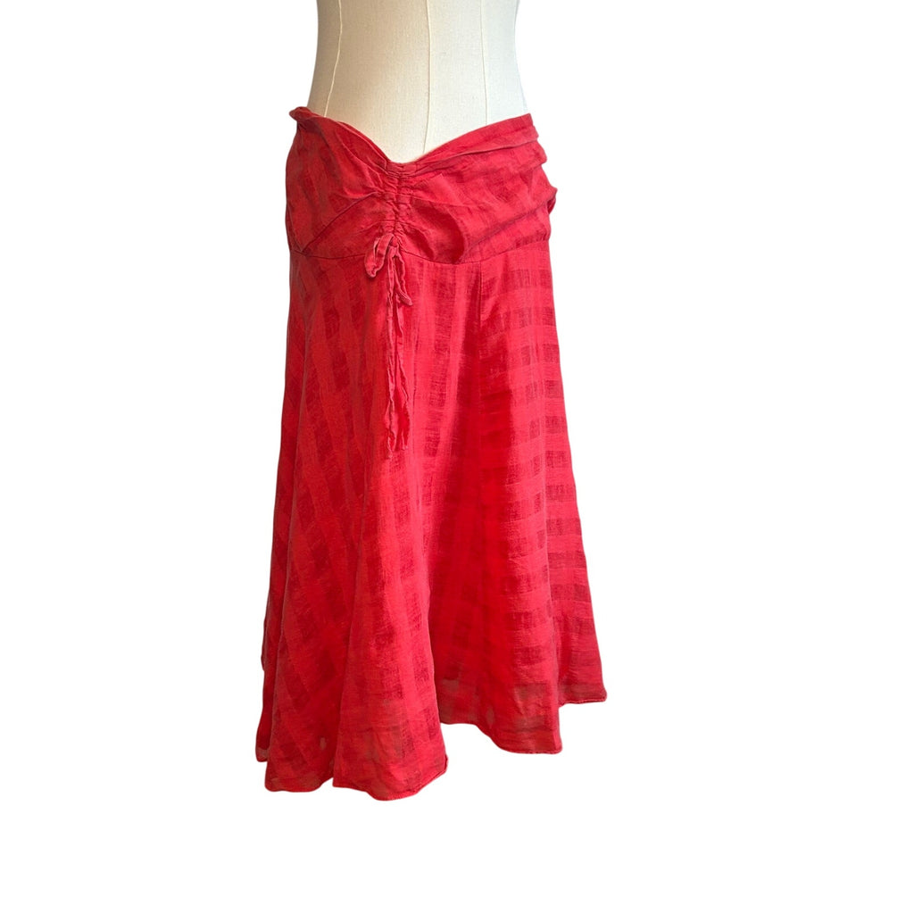 VTG Y2K Elegance Red Ruched A-Line Midi M Skirt Minimalist Casual Preppy Retro