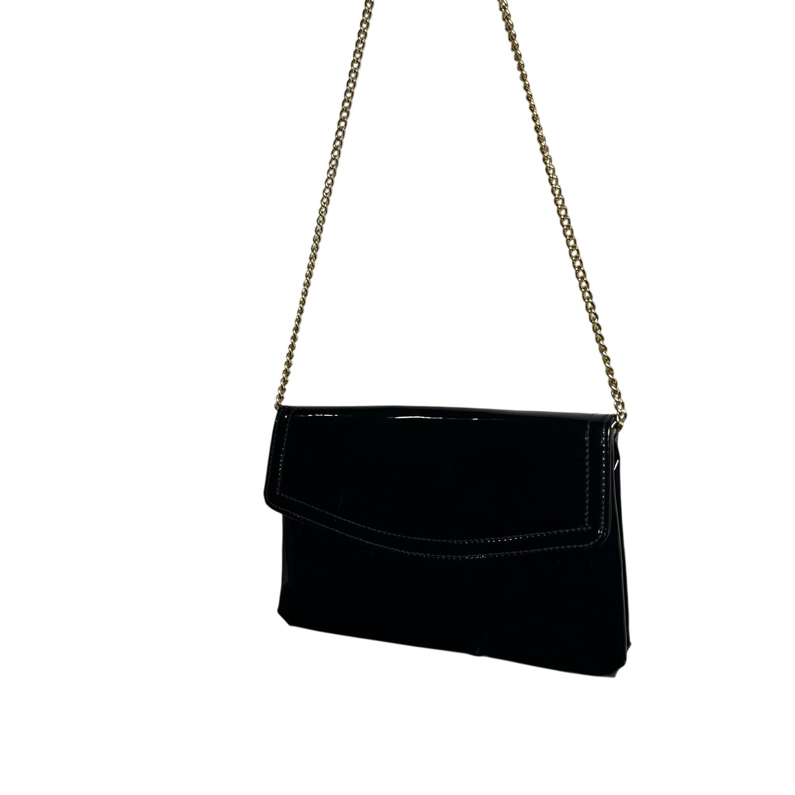 VTG 70s Patent Leather Black Gold Chain Convertible Clutch Shoulder Bag Purse