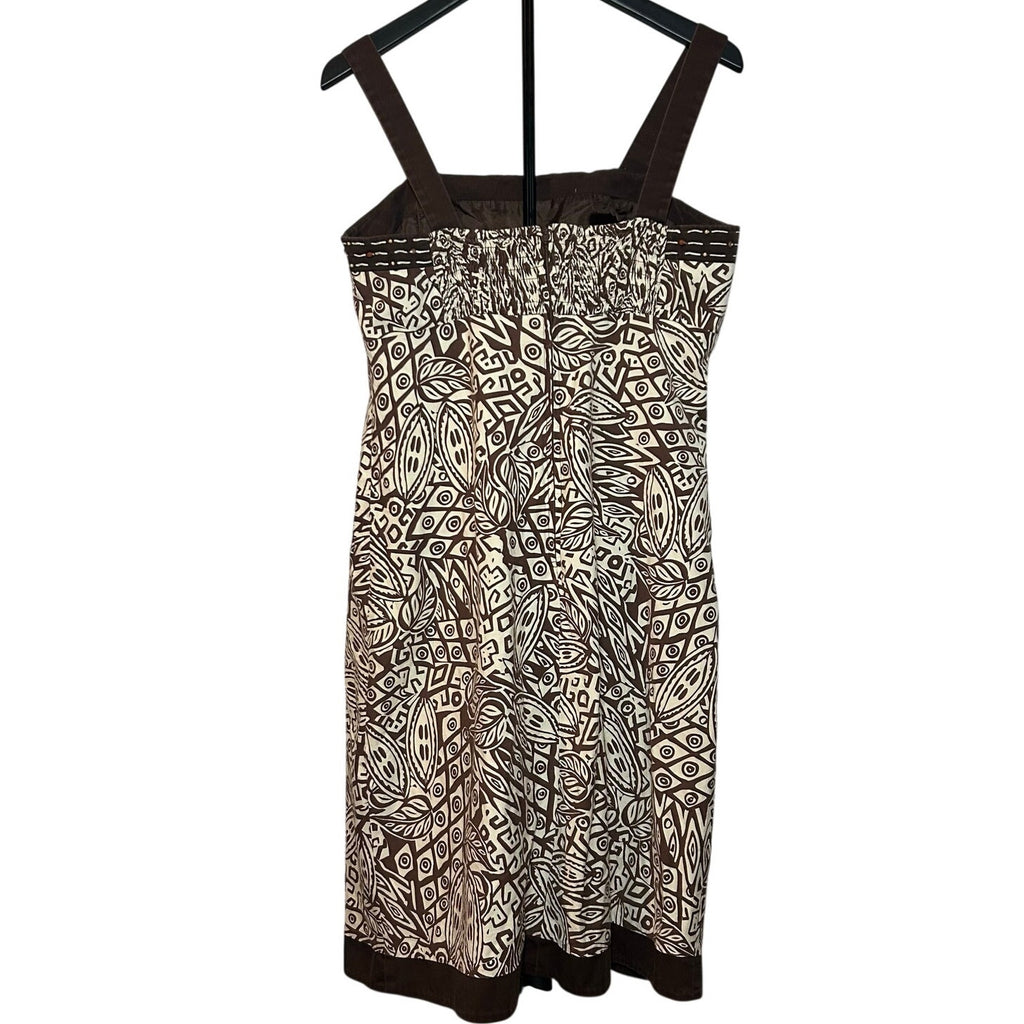 Boho Geometric Print Midi Dress Small Brown Cream Smocked Back Padded Bust Summer