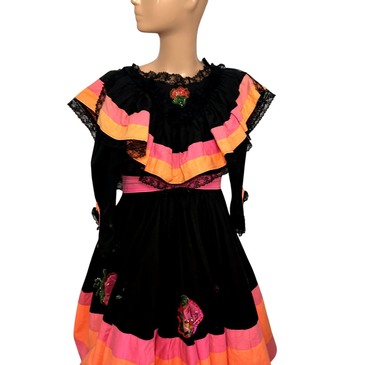VTG 70s Vintage XS Black Pink Mexican Folkloric Flounce Sequin Dress Retro
