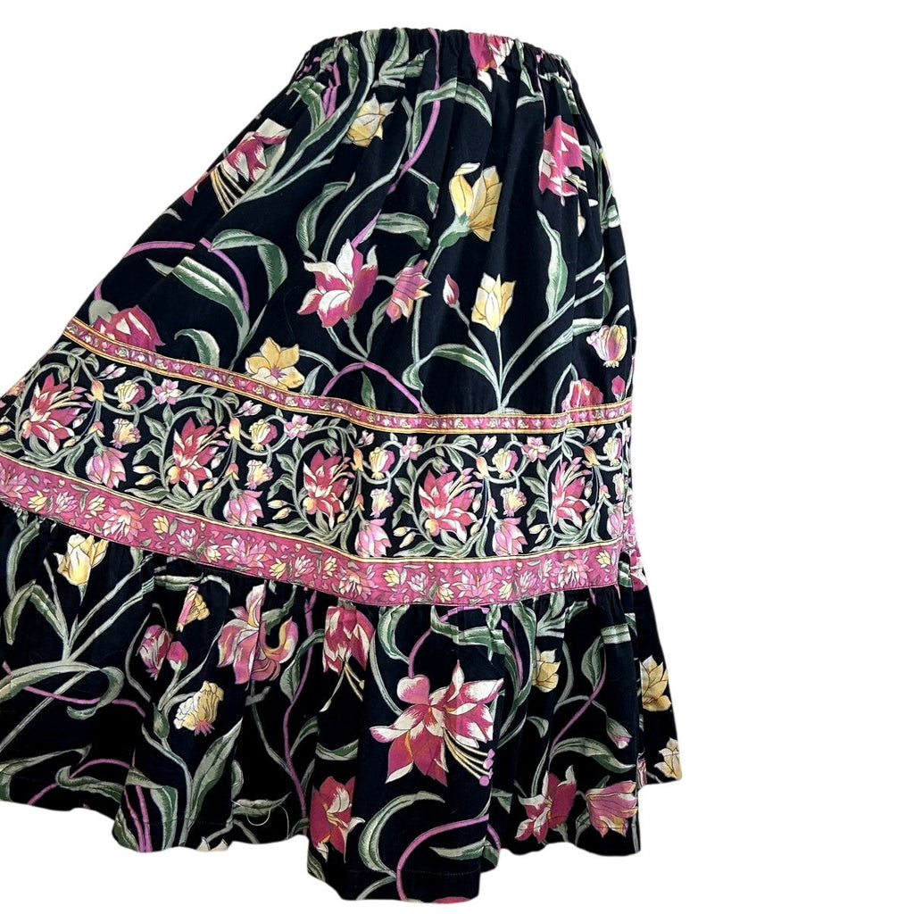 VTG 80s Upcycled M Black Pink Tiered Ruffle Midi Skirt A-Line Floral Boho Pocket
