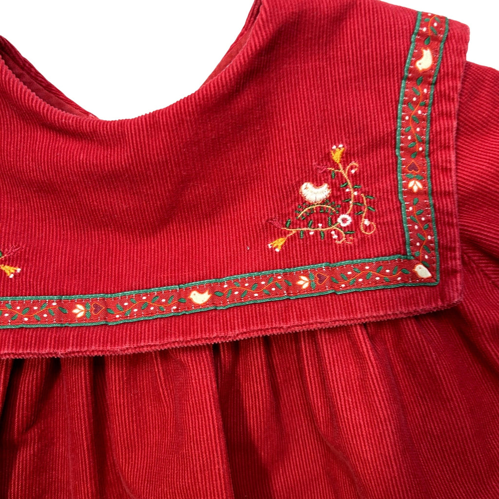 VTG 90s Jacadi Paris 3T Red Corduroy Sailor Collar Birdhouse Dress Embroidered